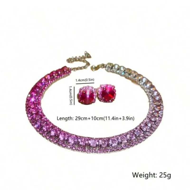 FYUAN Luxury Crystal Necklace Earrings Set Pink Purple colourful Necklace for Women Weddings Party Jewelry Sets Accessories