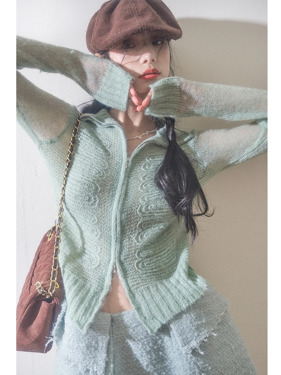 

Liparpa Mint Autumnal Heavy Embroidery 3D Knitted Long Sve Sweater Women's Casual Sle Warm Fing Open Cardigan