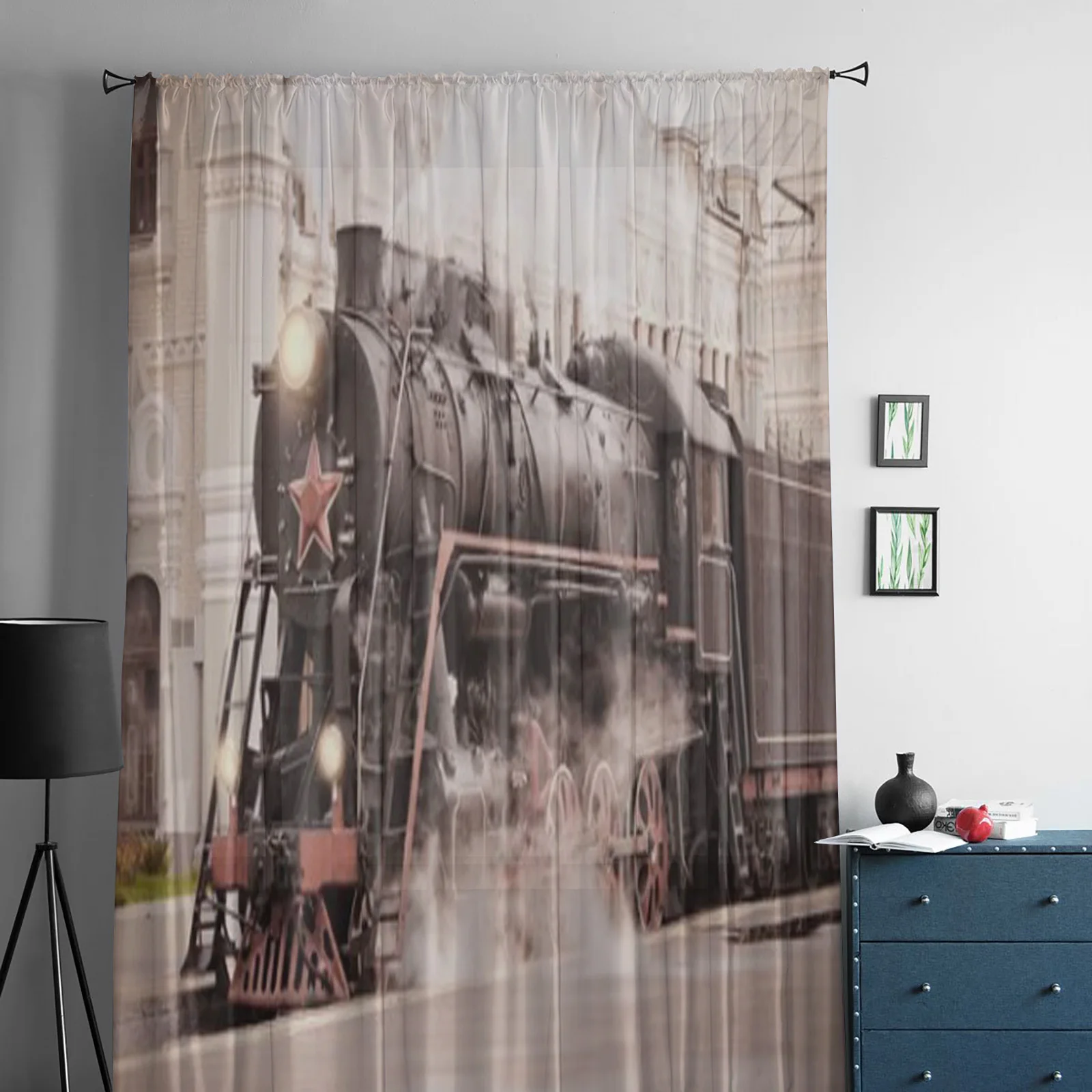 Retro Steam Train Stands On The Railway Station Chiffon Sheer Curtains for Living Room Bedroom Window Voiles Tulle Curtain