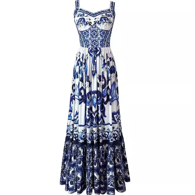 Summer Holiday Blue And White Porcelain Print Maxi Dress Women\'s Spaghetti Strap V Neck Backless Zipper Cup Padded Long Vestidos