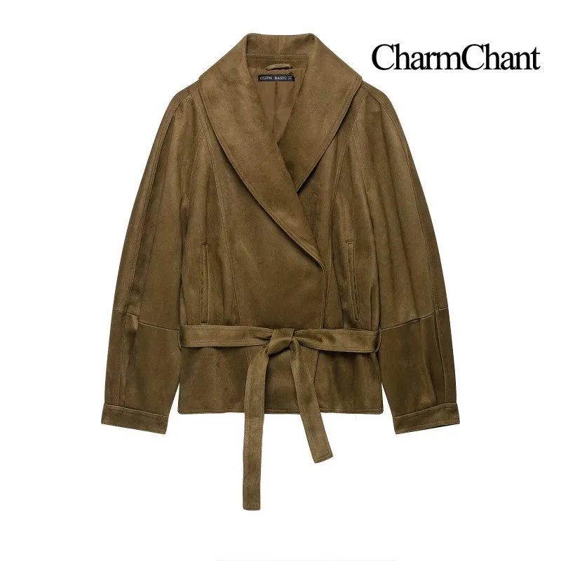 CHARMCHANT Women's Faux Suede Wrap Jacket Wide Shawl Collar Tie Belt Open Front Kimono Style Casual Coat Autumn Winter 2026