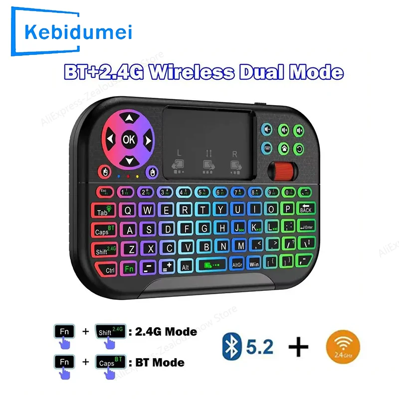 KEBIDUMEI Wireless Mini Keyboard With Touchpad Scroll Wheel 2.4G BT5.2 Dual Mode Mouse 8 Color Backlit For Android TV Box Stick