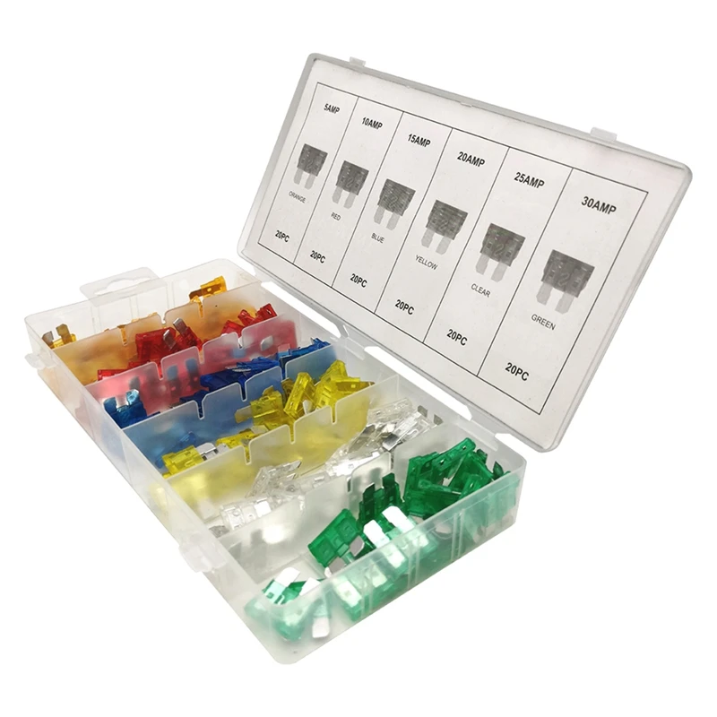 120PCS ฟิวส์รถชุดสารพันรถบรรทุกรถยนต์มาตรฐานใบมีดฟิวส์ Assortment 5A 10A 15A 20A 25A 30A ยานยนต์ฟิวส์เปลี่ยน