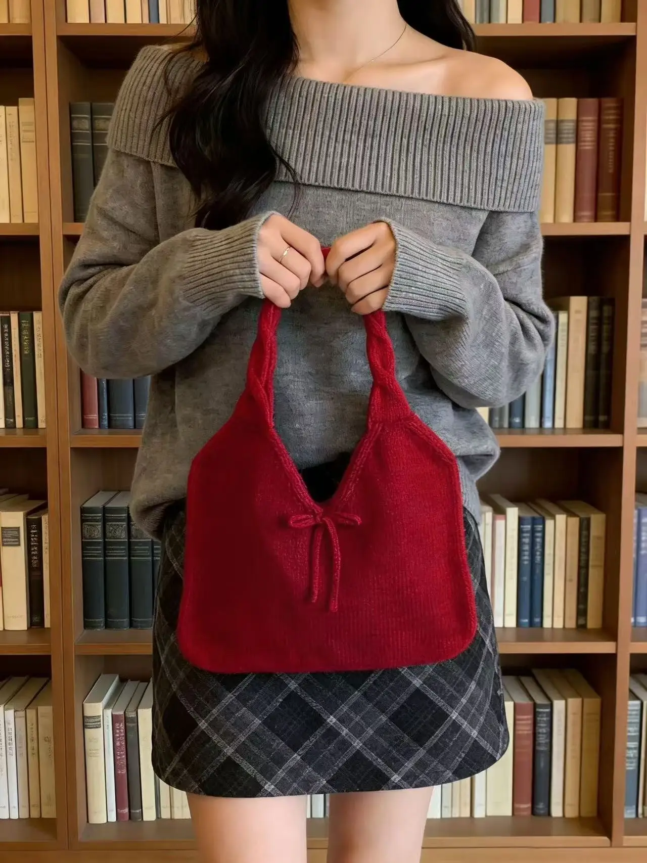 

Корейская вязаная сумка в стиле «ленивый шик»｜Новая винтажная сумочка с бантом, милая и универсальная сумка через плечо