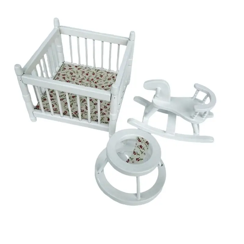 1:12 Dollhouse Miniatures Playpen Children Bed Trojan Horse Baby Walker 3-piece Set Model Doll House Decor Pretend Play Toys DIY