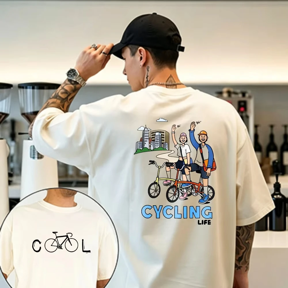 Men Women Double Sided Print T-Shirt Cool Bicycle Front Graphic Cycling Life Cartoon Partner Bike Back Print Casual Basic Tees