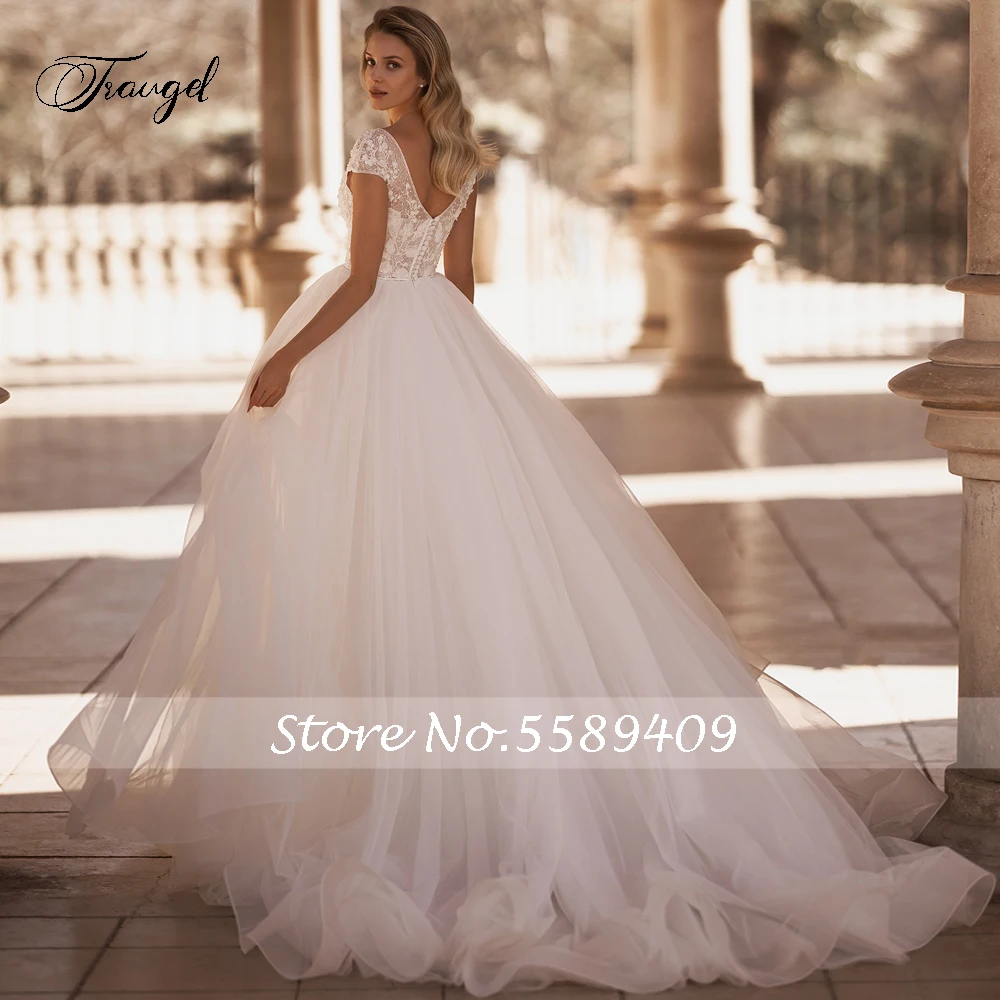 Traugel Sexy Illusion Cap Sleeve Vintage Wedding Dresses Delicate Scoop Neck Appliques Beaded Court Train A Line Bridal Gown