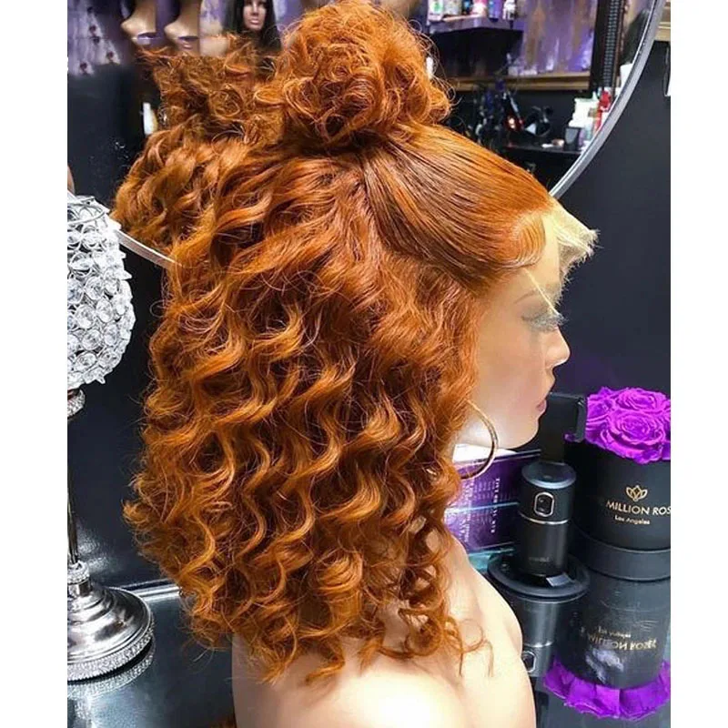 High Ponytail Deep Wave Short Bob Ginger Orange Brown Pre Plucked Lace Front Wigs Synthetic Hair Hairline Fiber