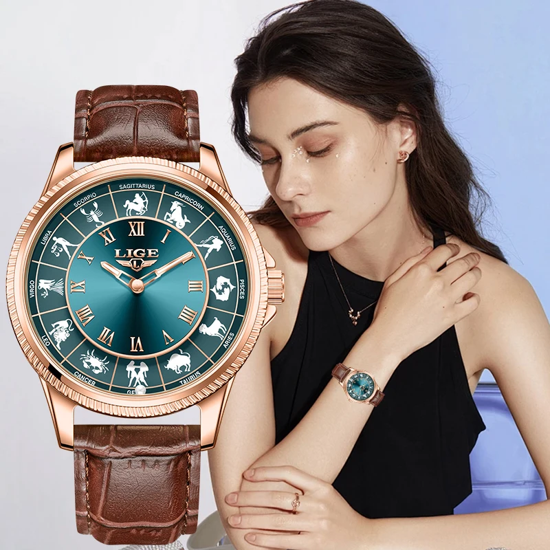 LIGE Elegant Fashion Quartz Women's Watches Retro Simple Casual Sports Constellation Dial Waterproof Luminous Woman Ladies Watch