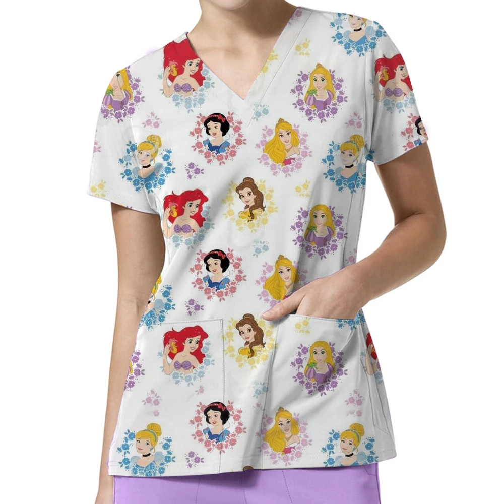 Bellissimo modello Disney Princess Cartoon stampato T-shirt da donna Estate Nuovo comodo e casual Uniforme da infermiera Stile Y2k Top
