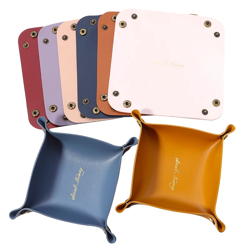 1pc PU Leather Storage Box Colorful Foldable Desktop Tray Table Folding Storage Case Organizer For Jewelry Phone Key Wallet Coin