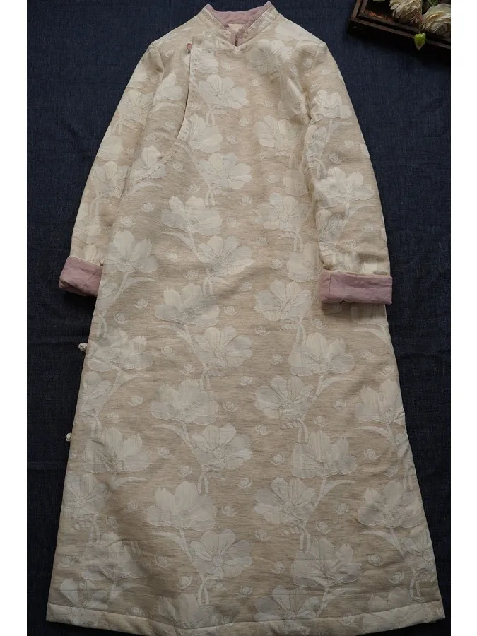 الرجعية الصينية Sle طويل القطن الكتان المطرزة طوق تشيباو الدكتور فضفاضة تناسب ألف خط تنورة ort Sve لباس غير رسمي