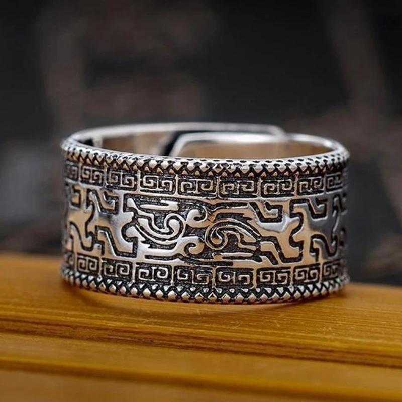 Retro silver 925 geometry Engraved Charms Wide Edition mens rings Charms  Embossed design Ring Adjustable Banquet Jewelry Gifts