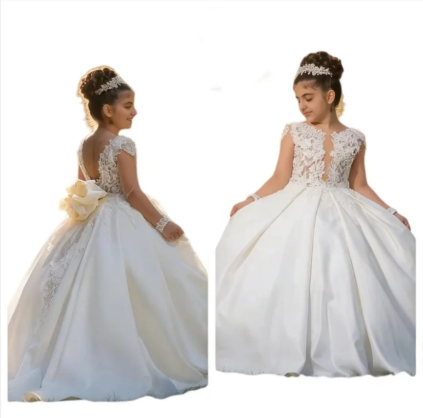 Custom Luxury Flower Girl Gown Wedding Birthday Pageant Catwalk Lace V Back Bow White Satin Kids Gown فساتين اطفال