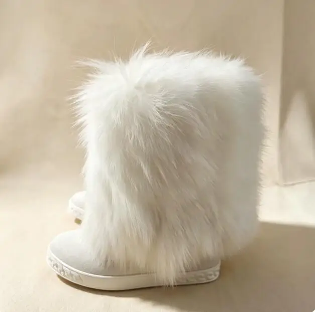 Winter Fluffy Real Fox Fur Middle Boots Inner Wedge Hidden Increased Sole Black White Cow Suede Women Slip On Fur Boots