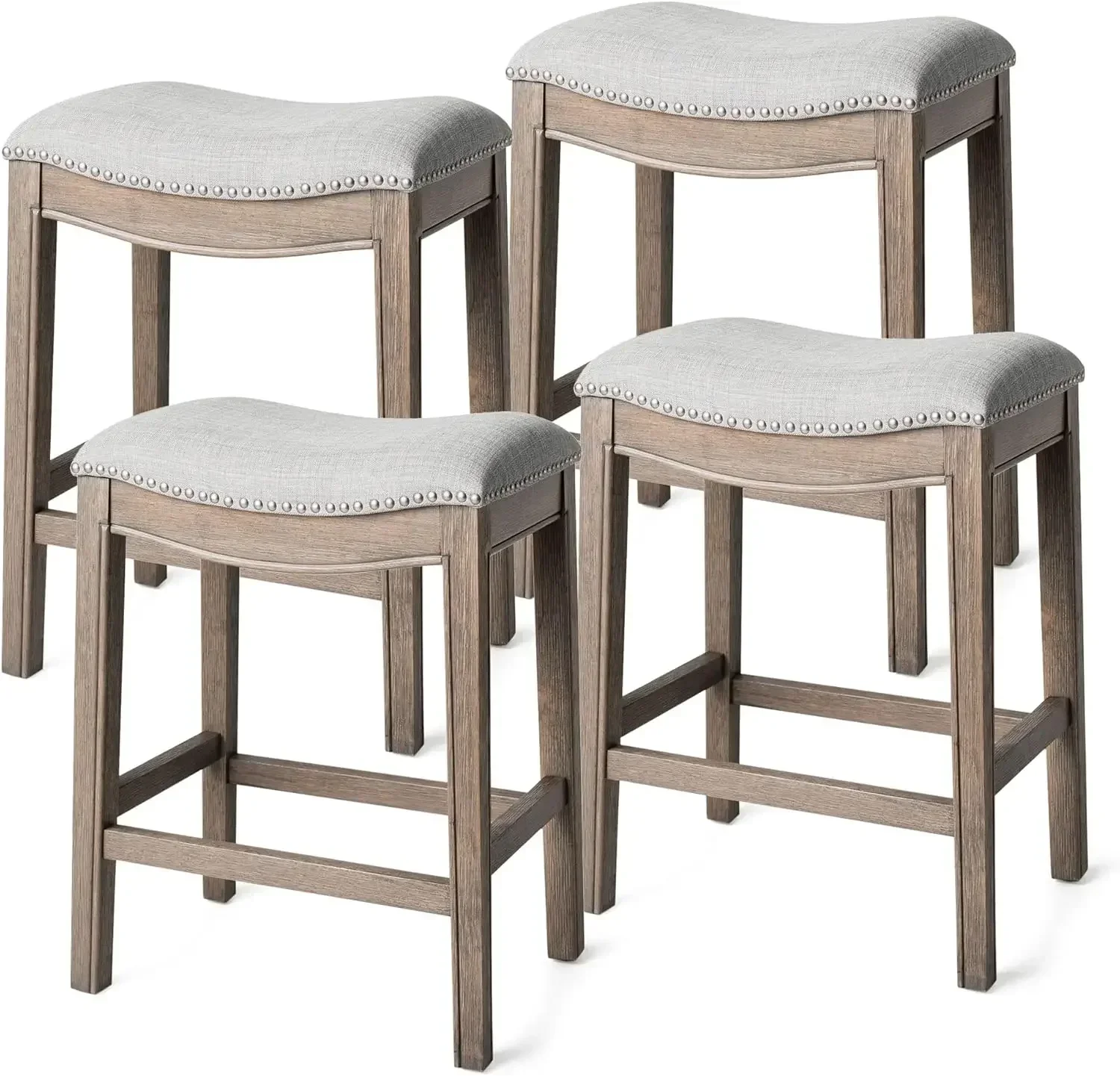 Adrien 26 Inch Counter Height Upholstered Backless Saddle in Reclaimed Oak Finish with Ash Grey Fabric Cushion Seat, Set of 4