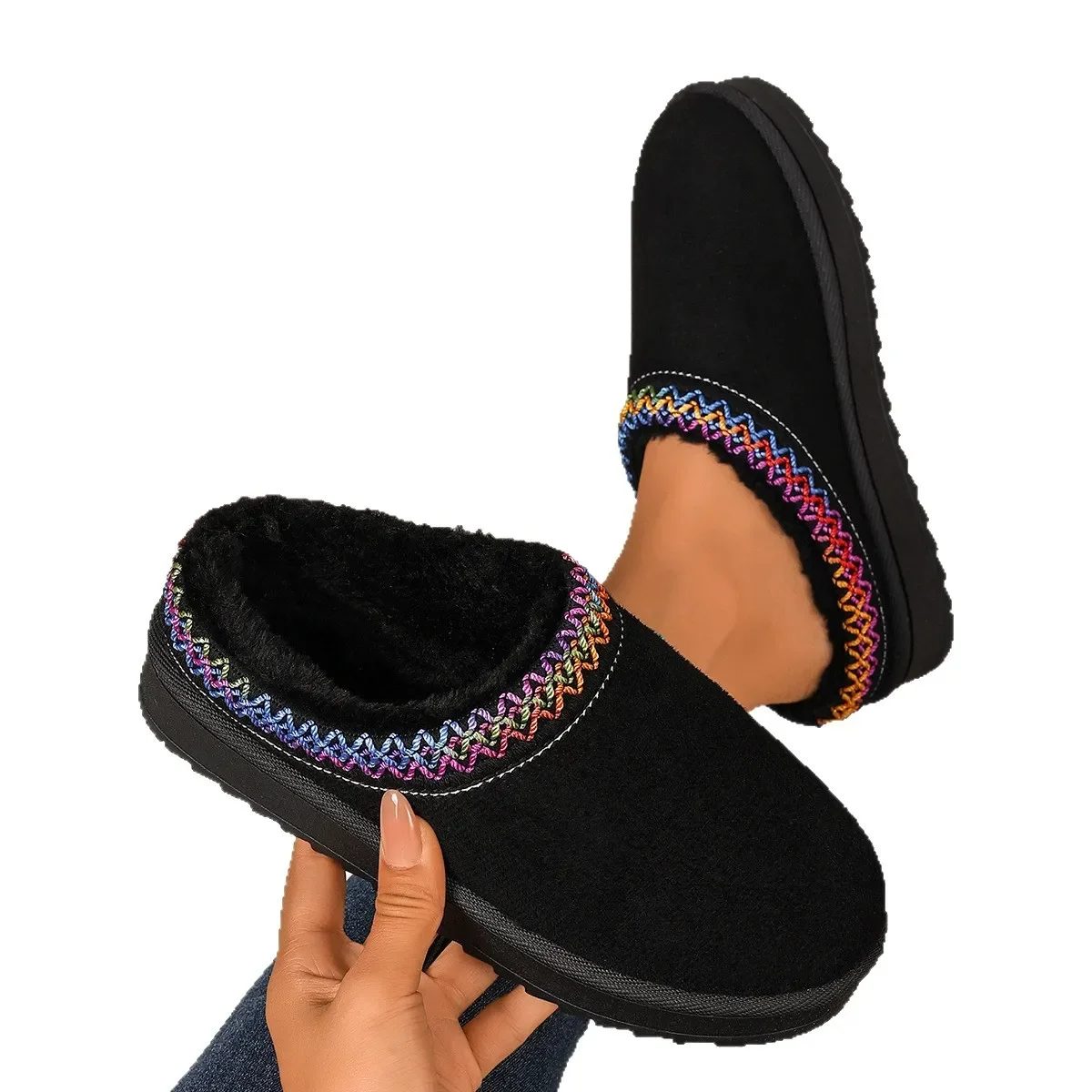 المرأة الشتاء الثلوج الأحذية حجم كبير الفراء اصطف سميكة القاع الانزلاق على أحذية قطنية دافئة لا الظهر شباشب على الموضة