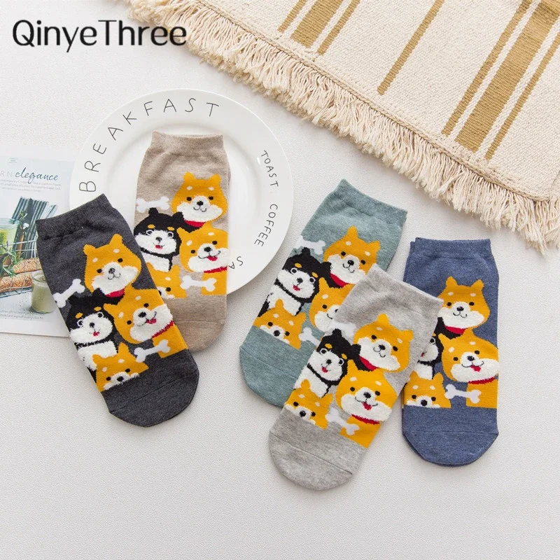 3 Pairs / Lot Cute Cartoon Shiba Feather Decorated Ankle Socks Girls Funny Chick Cat Unisex Animal Sokken Sale