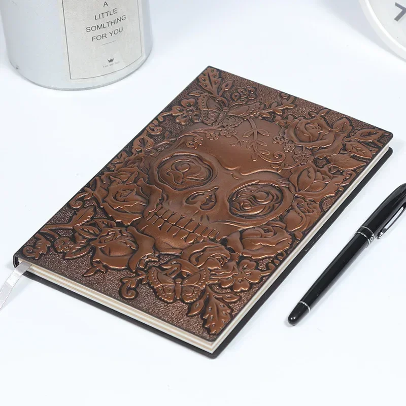 Skull Women Gifts Embossed Men Antique Book Supplies Travel Leather Spell Notebook Notes Diary Halloween School