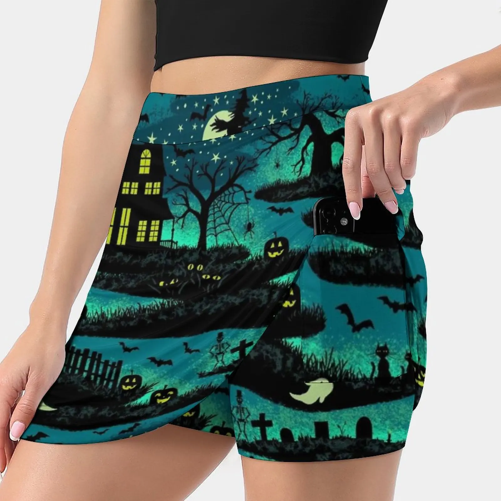 

Magical Halloween Night-Foxfire Green Women's skirt Mini Skirts A Line Skirt With Hide Pocket Halloween Magical Magic Spooky