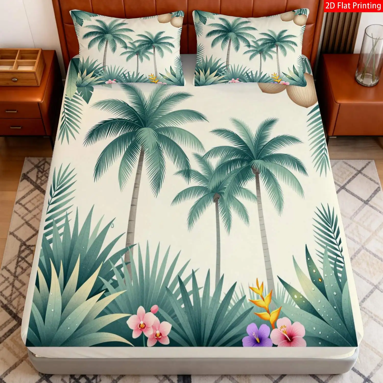 Three-Piece Set of 2D Digital Printed Bed Sheet and Pillowcase Set, Tropical Style with Palm Tree and Coconut Patterns, Available in Various Sizes, Suitable as a Gift. Three-Piece Bedding Set (Includes 1 Fitted Sheet + 2 Pillowcases), Large Capacity Deep Bed Cover, Fitted Sheet Style with Elastic Band, Protective Cover, Mattress Protector, Machine Washable Design, Holiday Decoration, Various Sizes, Breathable Protective Cover Plus Pillowcase