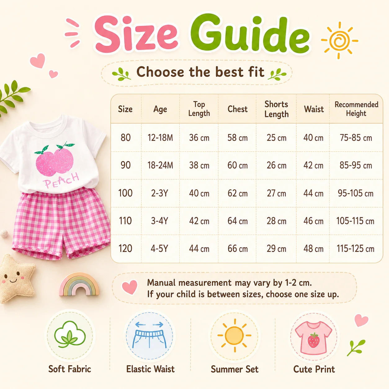 Children's Sets 2-piece Short-sleeved Round Neck Top+plaid Shorts Fruit Lemon Grape Cartoon Design Outer Wear Casual Summer