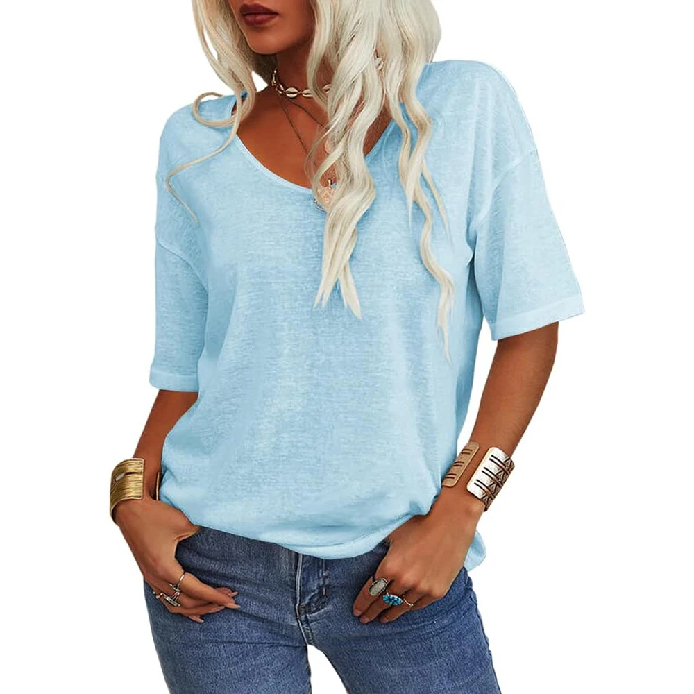 Women Fashion V-neck Half Sleeves Oversized T Shirt Solid Casual Loose Basic Tops