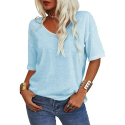 Maglietta oversize a mezze maniche con scollo a v moda donna Solid Casual allentato Basic Tops