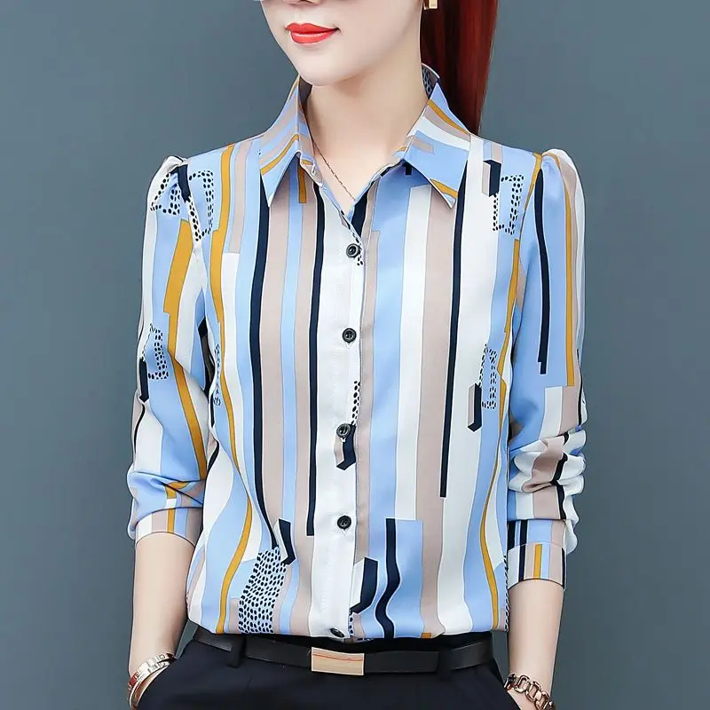 Formal Blouse Office Lady Spring Autumn Long Sleeve Women\'s Clothing Polo-Neck Fashion Striped Printed Single-breasted Shirt New