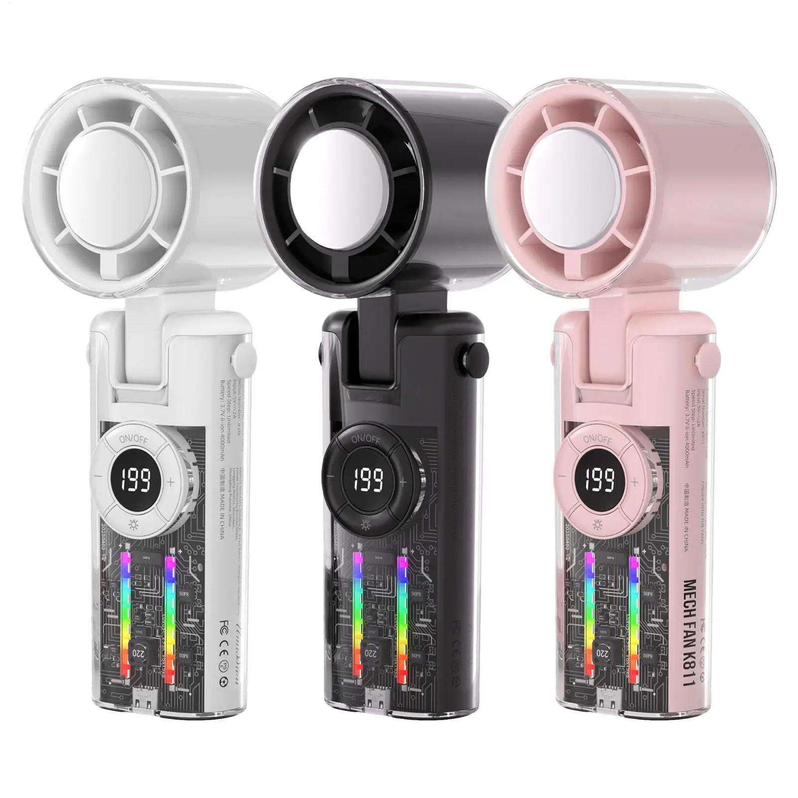

Portable Handheld Fan USB Rechargeable Cooler Fan With Lights Digital Display Hot Weather Must Have With 199 Wind Modes For