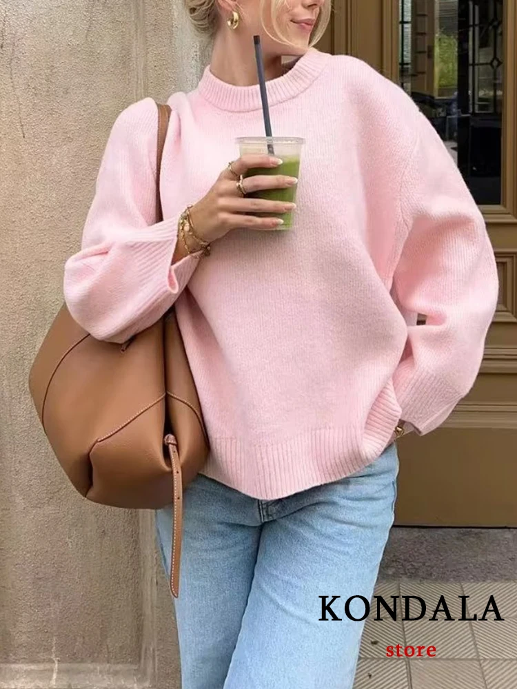 KONDALA Chic Casual Solid Pink Women Knit Sweater O-Neck Long Sleeve Sweetheart Pullover Fashion 2023 Autumn Oversized Basic Top