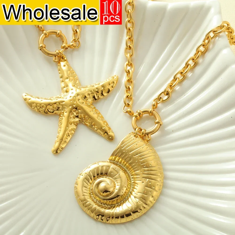 10PCS Women Golden Stainless Steel Pendant Necklace Choker Spring Buckle Chain Bow Shell Conch Pendants Women's Chunky Jewelry