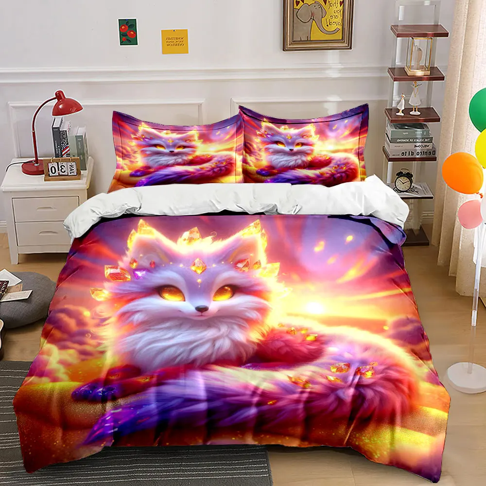 Enchanted Crystal Fox, Radiant Sunset Printed Duvet Cover Set1 Duvet Cover+2 PillowcaseMulti Size Bedroom Bedding Decor