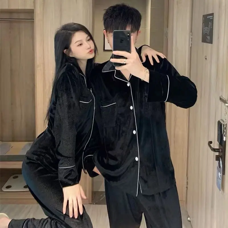 

Pleuche Couple Pajamas Female Spring and Autumn Long Sleeve Loungewear Gentleman Sense of Advanced Two-piece Suit Solid Color