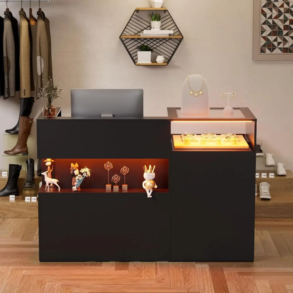 

Стойка регистрации со стойкой, 5-дюймовая передняя стойка регистрации со светодиодной подсветкой и стеклянной полкой, розничная стойка с выдвижными ящиками, для