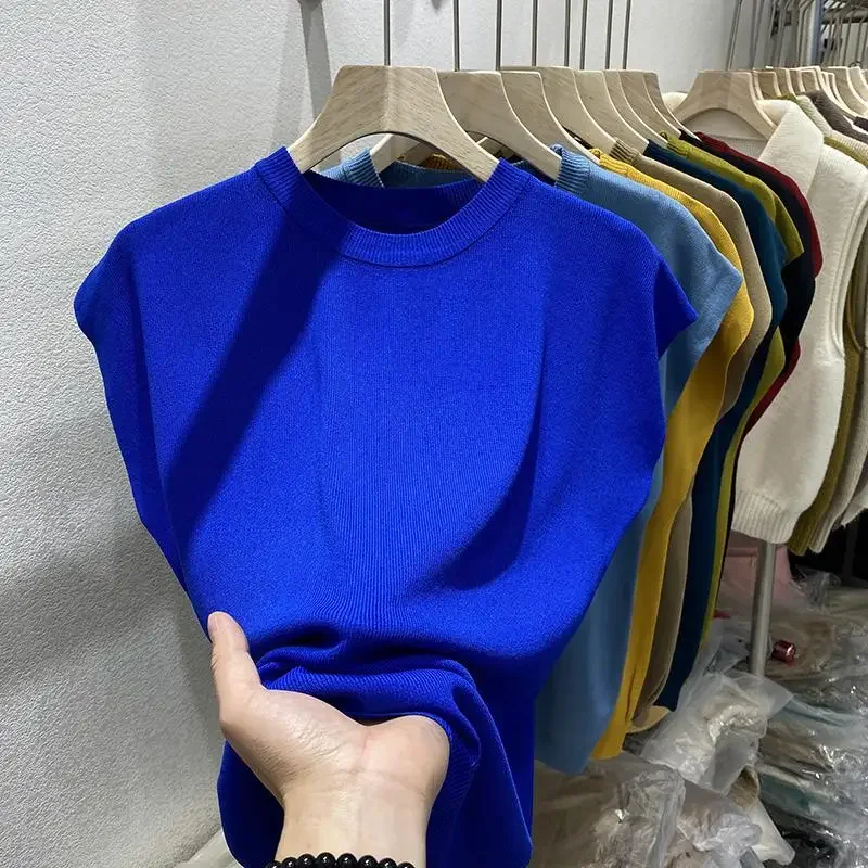 T-shirt lavorata a maglia di seta di ghiaccio allentata o-collo estate sottile Klein blu manica a pipistrello Top donna camicie oversize a maniche