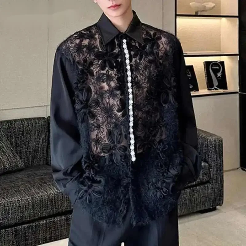Men's Shirts Hollow Out Niche Design Lace Pearl Patchwork Three Dimensional Flower Fashion Lapel Long Sleeved Shirt ZDS35