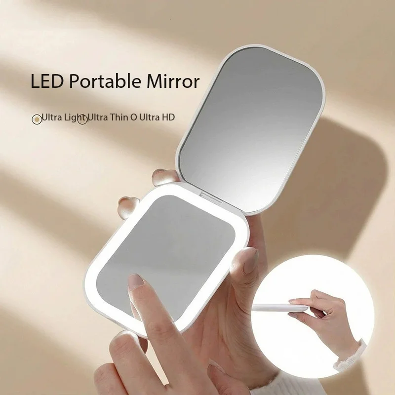 Rechargeable LED Makeup Mirror Foldable Portable Travel Cosmetic Mirror Touch Control Bright Natural Light Pocket Compact Mirror