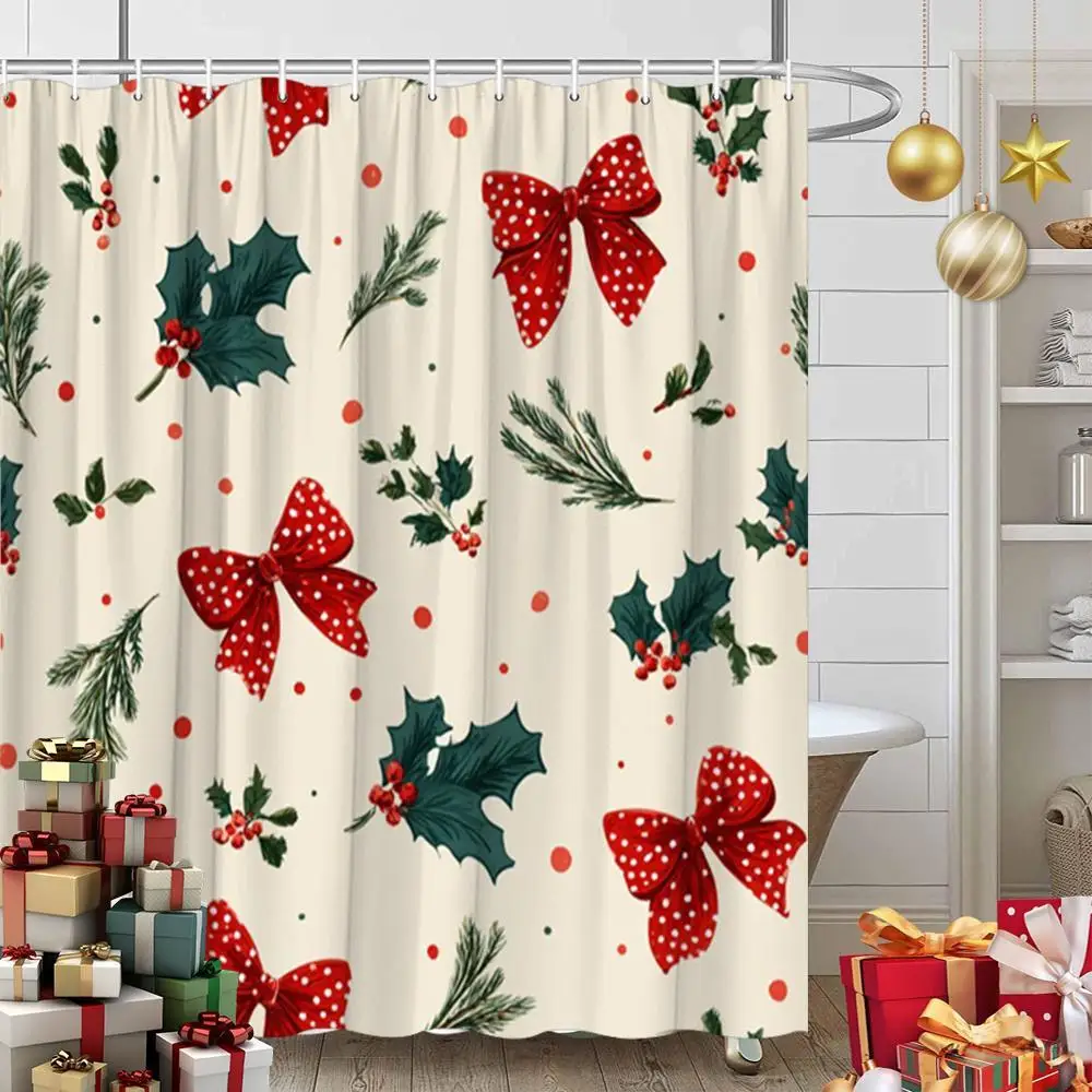 2D Flat, 2D Flat, 1pc of 2D Flat Christmas-Themed Shower Curtain from Local Featuring Rustic Holiday Decor with Red Polka Dot Bows And Green Holly. This Vintage-Style Bathroom Accessory Is Made of Polyester Fabric And Measures 70.8 by 70.8 Inches