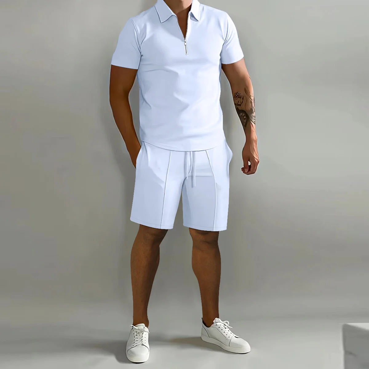 Summer Fashion New Men\'s Solid Color Zip-Up Lapel Polo short sleeve Shorts Outdoor Sports Leisure Lightweight Comfortable Suit