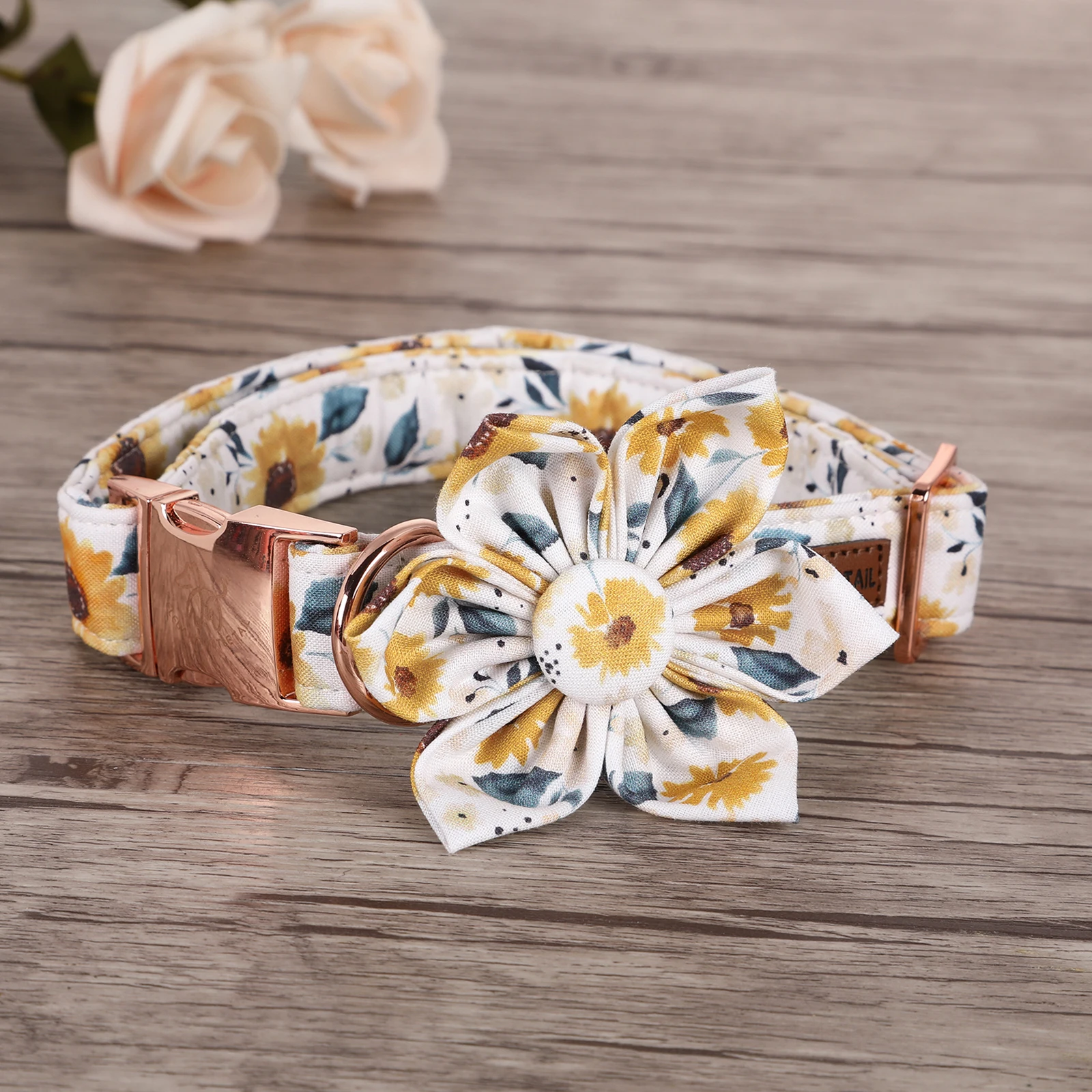 Elegant little tail Sunflower Print Dog Collar Girl Dog Collar with Bow Adjustable Soft Bow tie Dog Collars leash