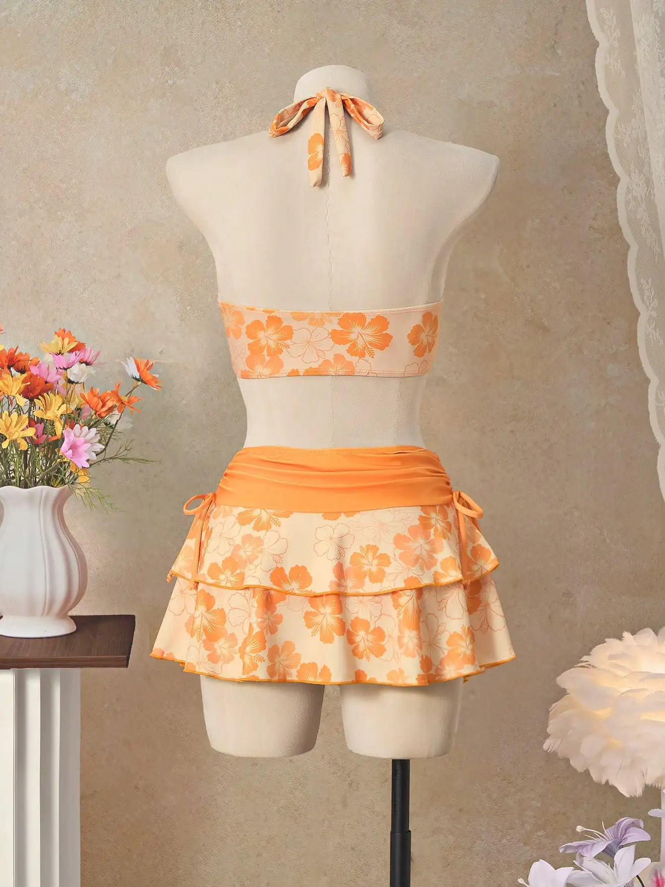 

Оранжевый комплект бикини из 3 предметов: топ-халтер с цветочным принтом и юбка с рюшами для женщин, для пляжного отдыха