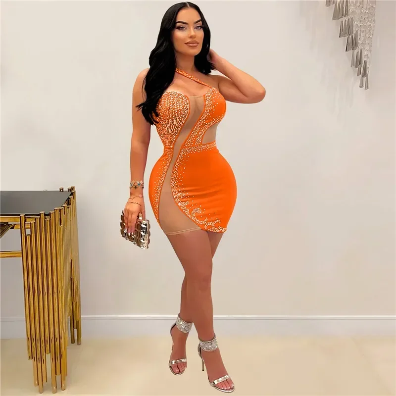 2023 ein Riemen durchsichtig Mesh Patchwork Strass sexy Party kleider für Frauen Bodycon Sommer Diamanten Nachtclub Mini kleid