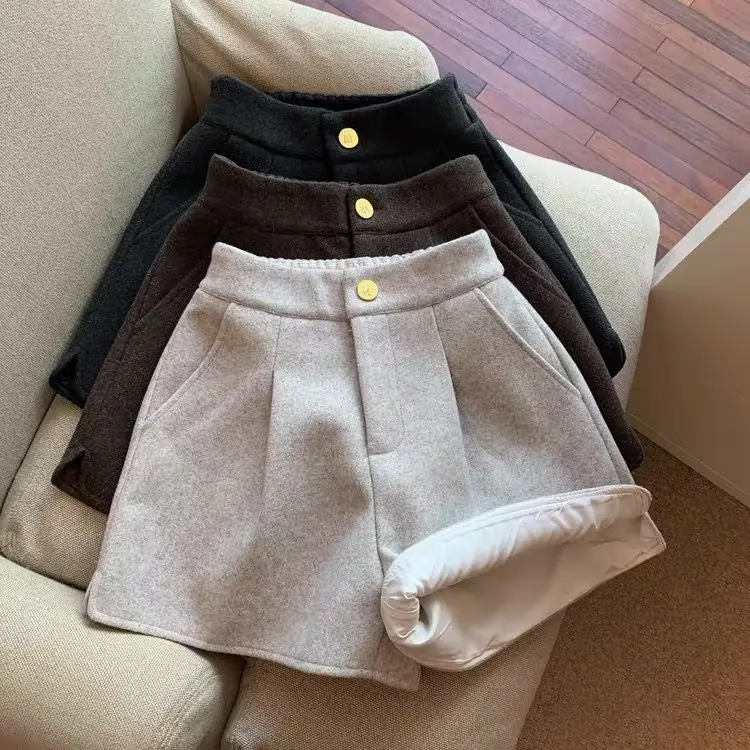 2024 Autumn Winter New Thick Woolen Shorts Korean Loose High Waisted Split Wide Leg Pants Casual Outerwear Boots Pants Women