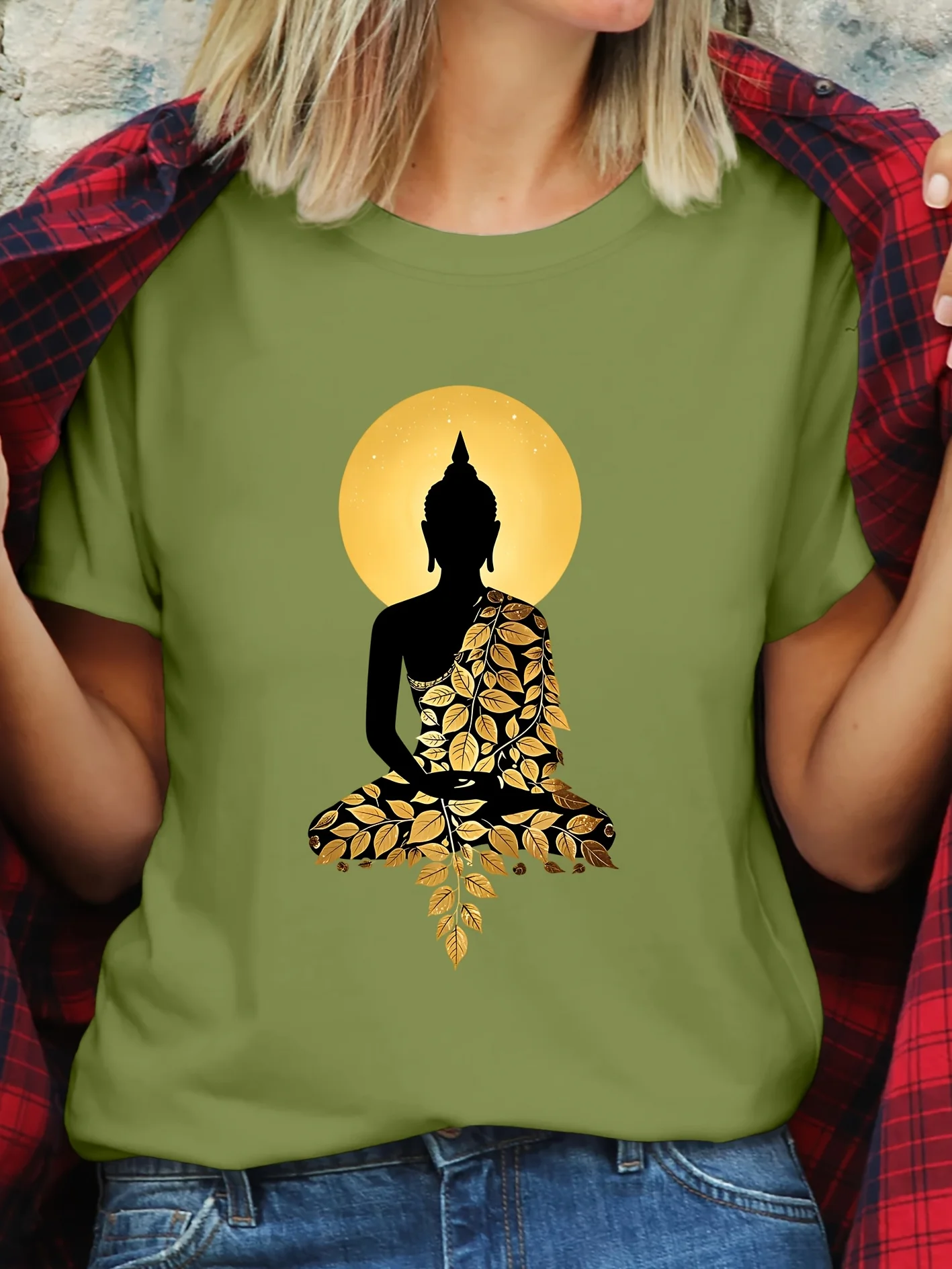 Women's T-shirt with Buddha Statue Silhouette, Yellow Round Moon Print Round Neck Fashionable Commuting Daily Simple Women's Top