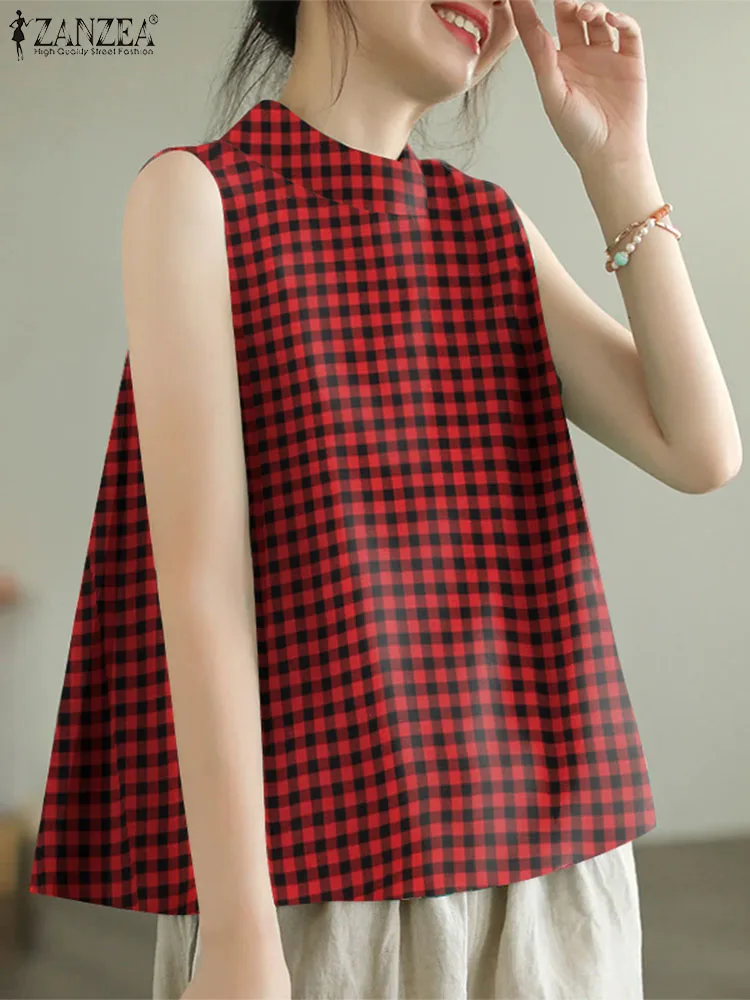 ZANZEA Korean Plaid Printing Tanks Sweety Sleeveless O-neck Tops 2024 Summer Fashion Tank Tops Women Casual Loose A-line Blouse