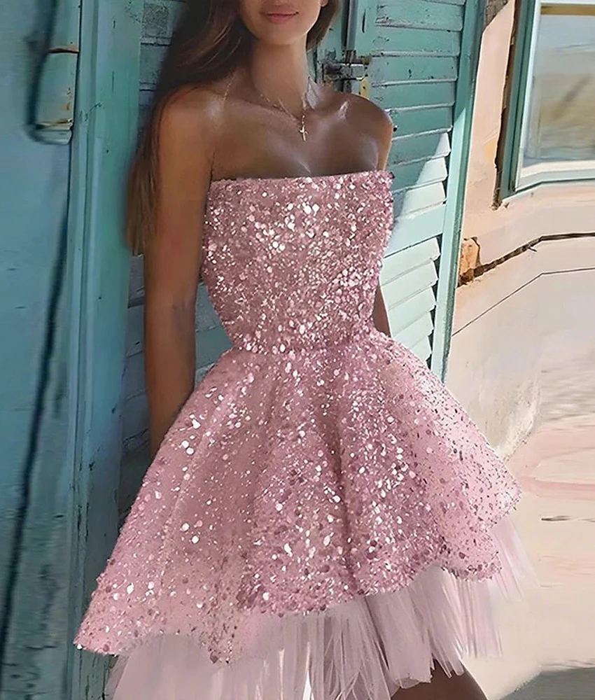 

Customized Luxury Sequined A-Line Evening Dress High Quality Sleeveless Strapless فستان سهرة نسائي Custom Made