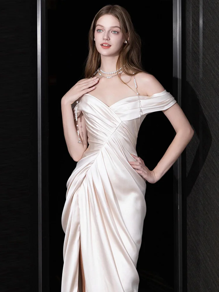 White High Waisted Slimming Strapless Evening Dress Off The Shoulder Birthday Formal Evening Party Gown for Women