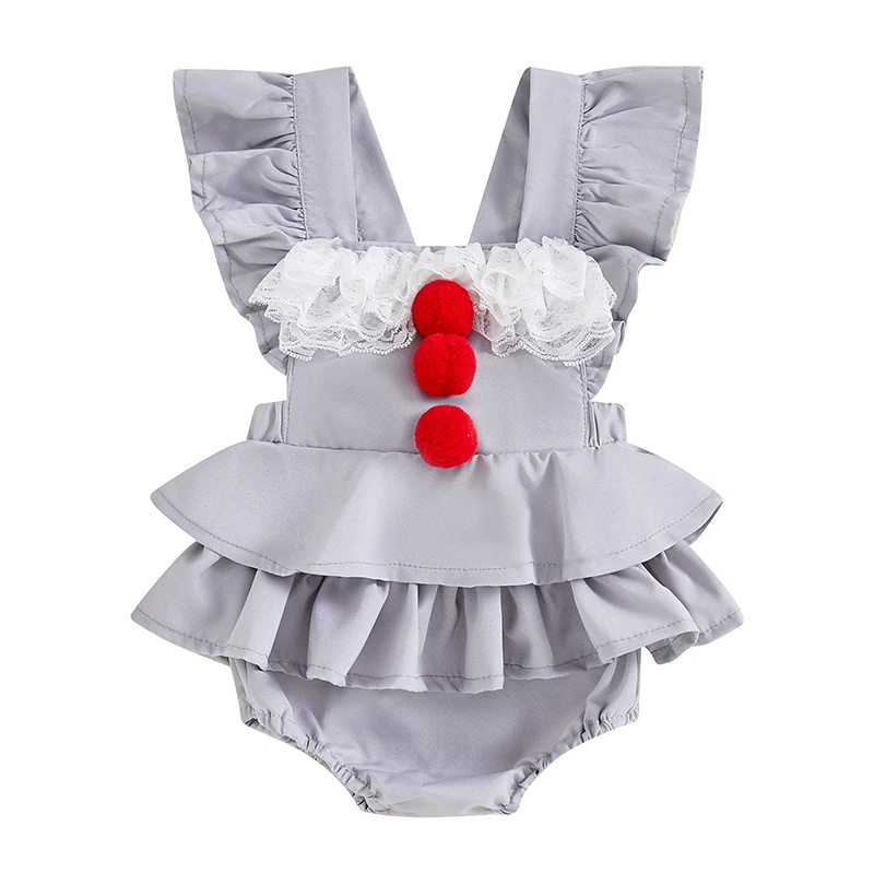 

Baby Girls Rompers Dress Summer Clothes Red Bobbles Lace Patchwork Ruffles Fly Sleeve Jumpsuits Bodysuits