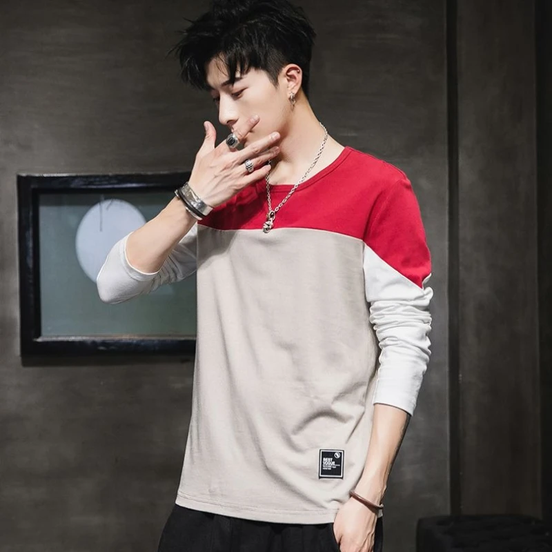 

Мужская футболка с длинным рукавом, весна-осень, из чистого хлопка, с круглым вырезом, тонкая, в корейском стиле, модная, повседневная, базовый слой, топ